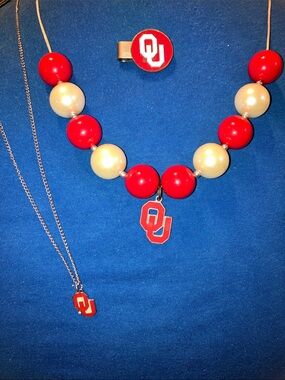 3 pc. Lot - Forever 21 Red and Cream Beaded OU & Logo Necklace & OU Hat Pin